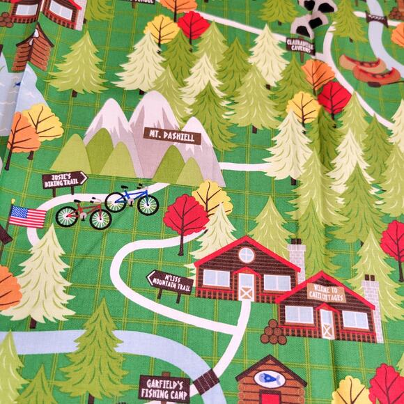 Cotton Fabric Green North Woods Cabins Trails Forest Campsite 24x44 Quilting - Picture 9 of 14